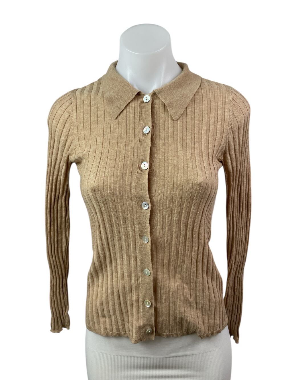 Zara Tan Rib Knit Wool Long Sleeve Collared Button Down Cardigan Sweater Top S